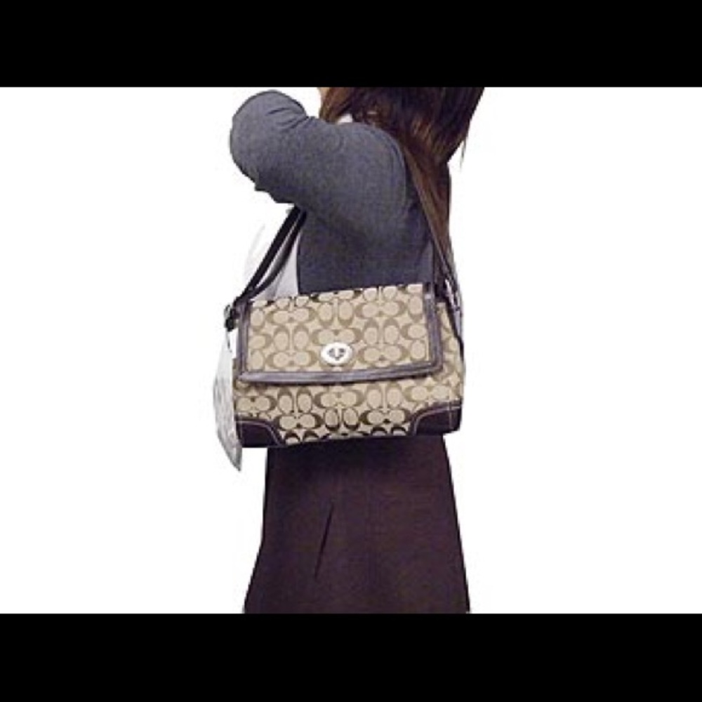 (NEW) Coach Brown Hampton Signature Flap Hobo Bag